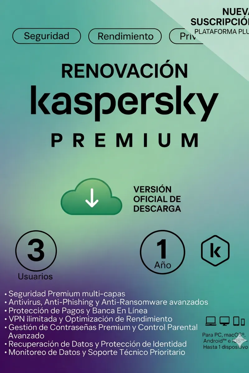 RENOVACION LICENCIA KASPERSKY PREMIUM 3 USUARIOS (12 MESES)